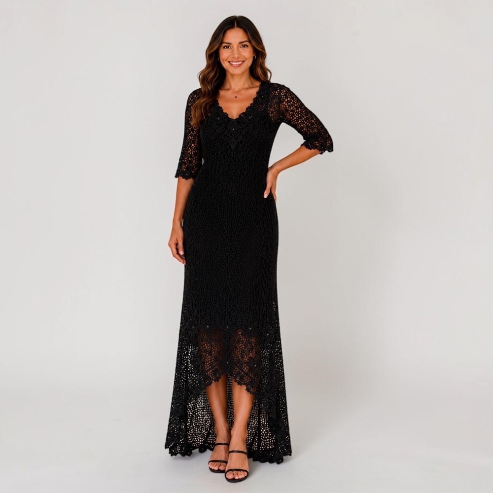 R&M Richards Black Crochet Lace High Low Maxi Dress M Evening Formal Semi‎ Sheer